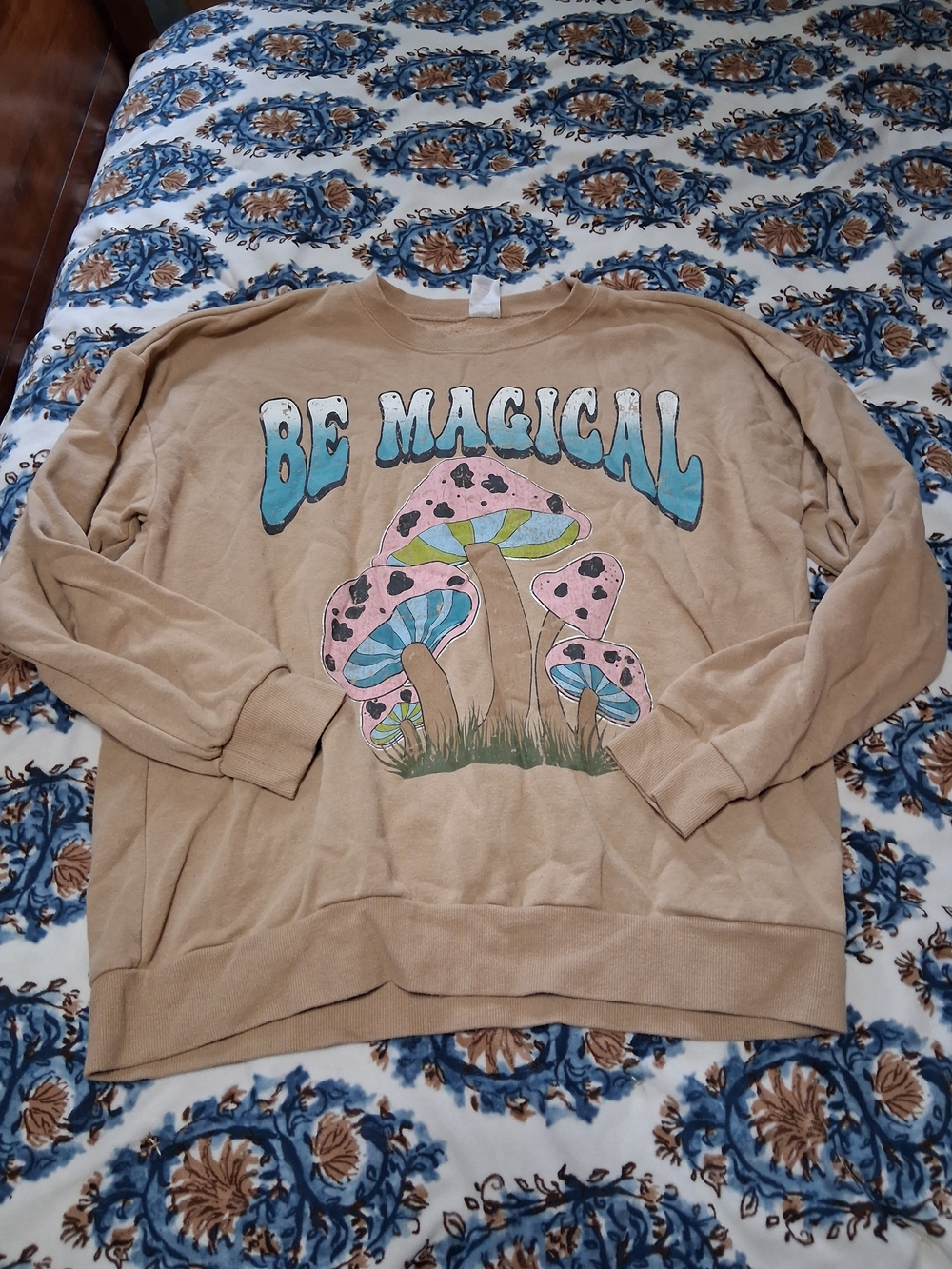 No Boundaries Tan "Be Magical" Mushroom Graphic Sweatshirt